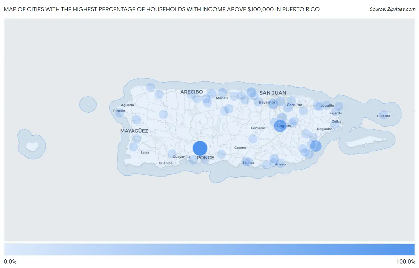 Cities with the Highest Percentage of Households with Income Above $100,000 in Puerto Rico Map
