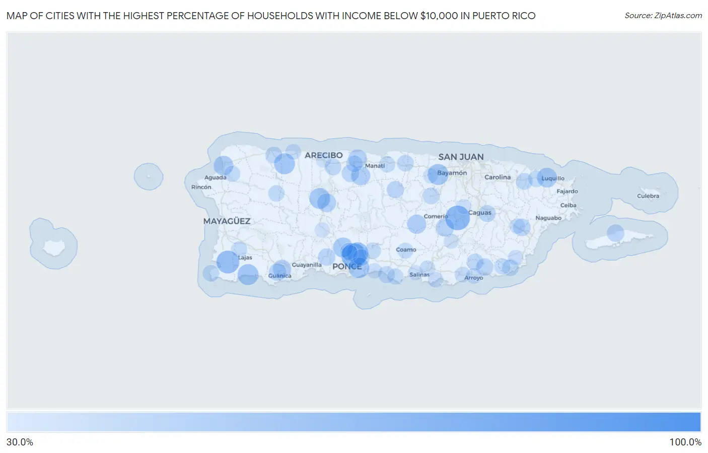 Cities with the Highest Percentage of Households with Income Below $10,000 in Puerto Rico Map