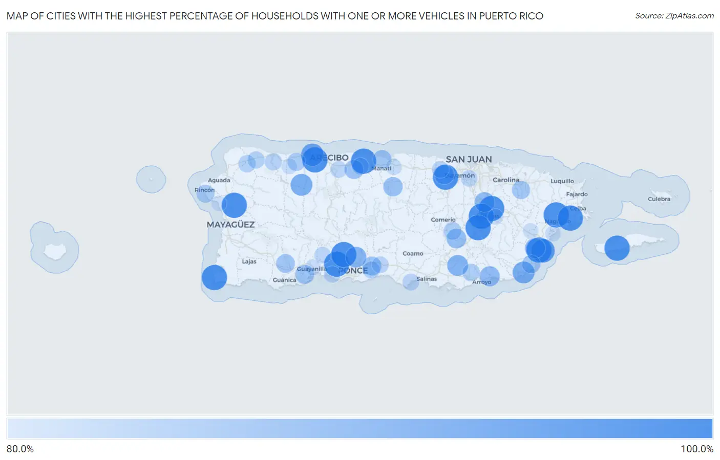 Cities with the Highest Percentage of Households With One or more Vehicles in Puerto Rico Map