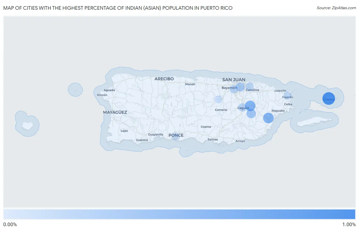 Cities with the Highest Percentage of Indian (Asian) Population in Puerto Rico Map