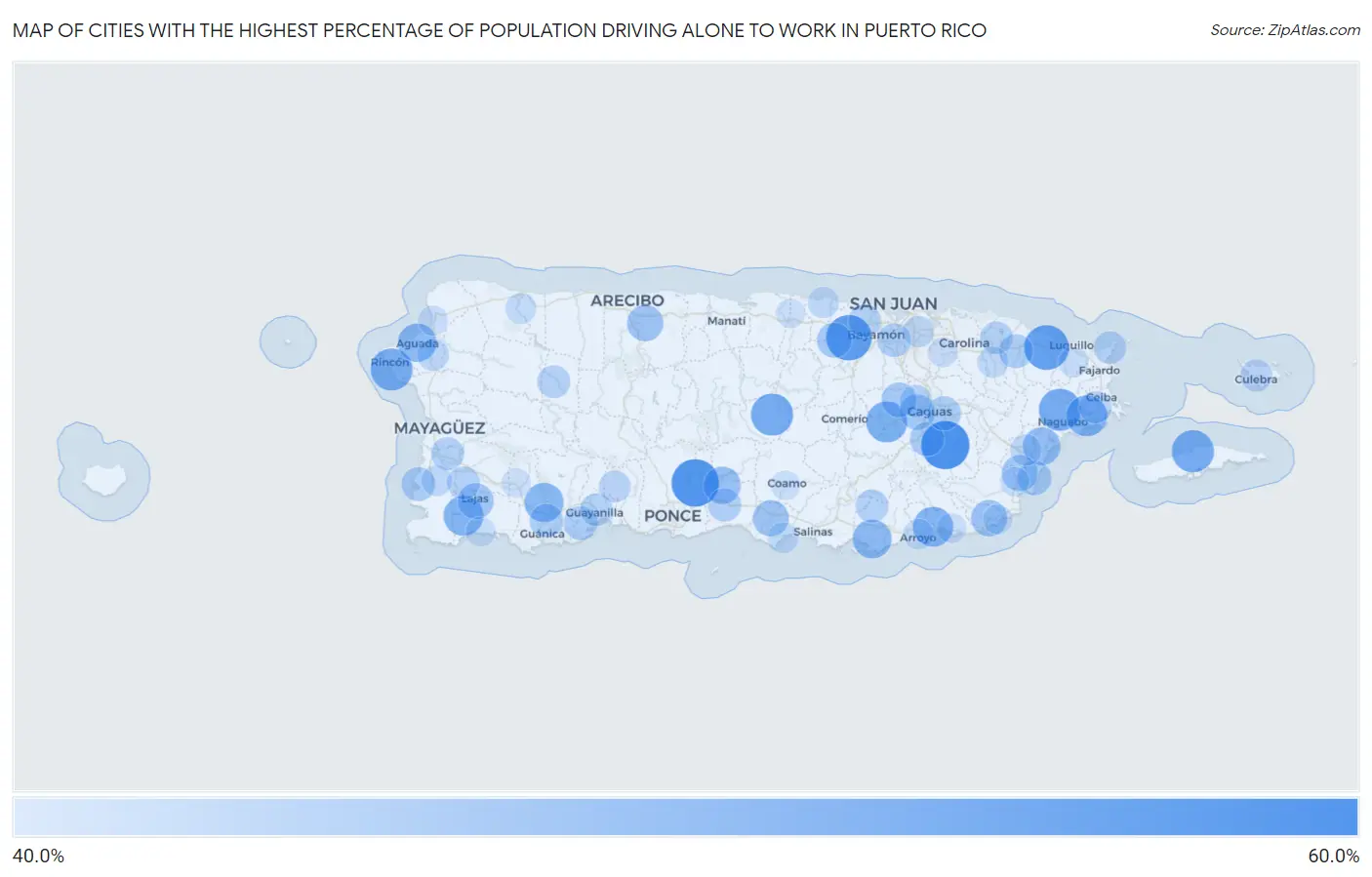 Cities with the Highest Percentage of Population Driving Alone to Work in Puerto Rico Map