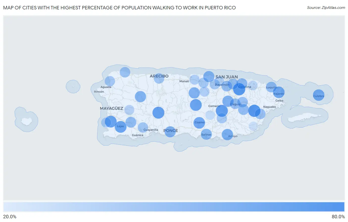 Cities with the Highest Percentage of Population Walking to Work in Puerto Rico Map