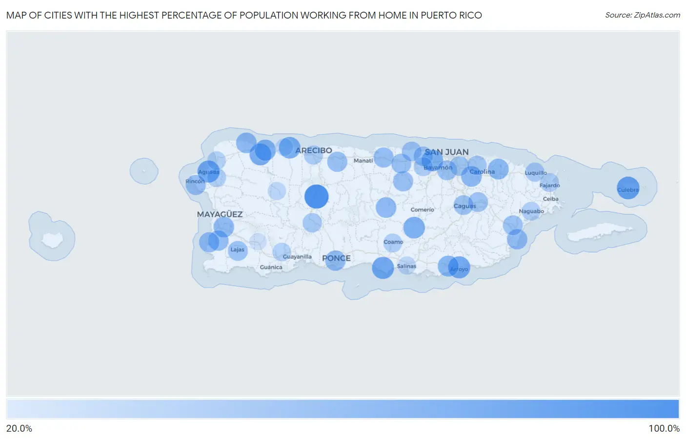 Cities with the Highest Percentage of Population Working from Home in Puerto Rico Map