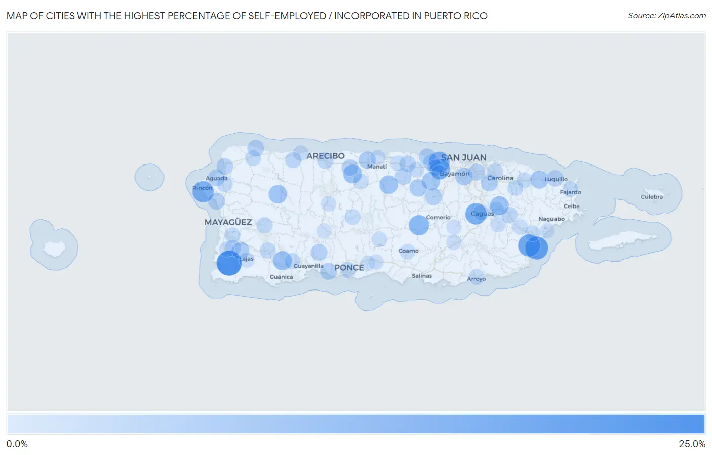 Cities with the Highest Percentage of Self-Employed / Incorporated in Puerto Rico Map