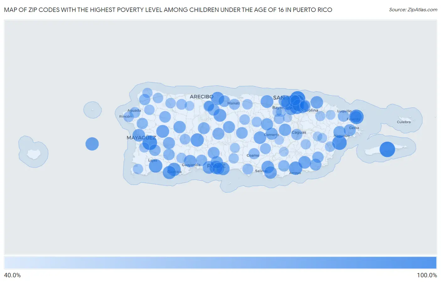 Zip Codes with the Highest Poverty Level Among Children Under the Age of 16 in Puerto Rico Map