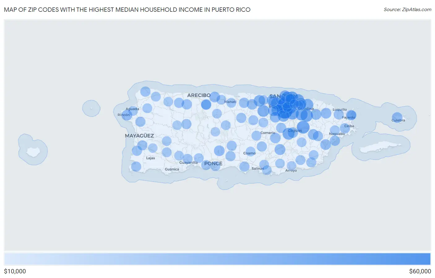 Zip Codes with the Highest Median Household Income in Puerto Rico Map