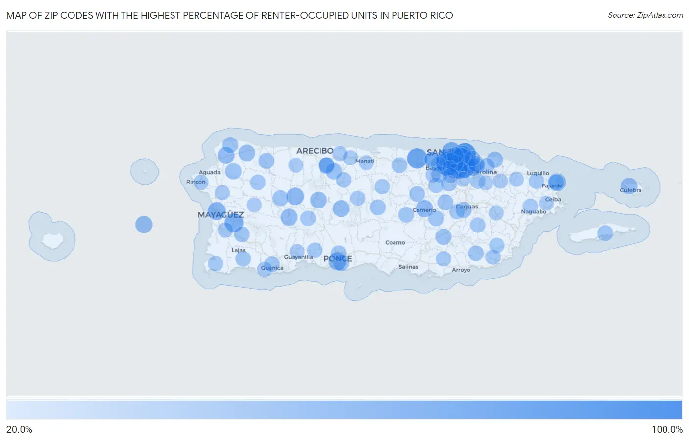 Zip Codes with the Highest Percentage of Renter-Occupied Units in Puerto Rico Map