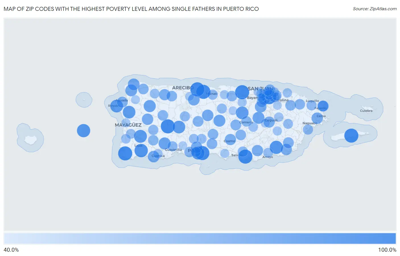 Zip Codes with the Highest Poverty Level Among Single Fathers in Puerto Rico Map