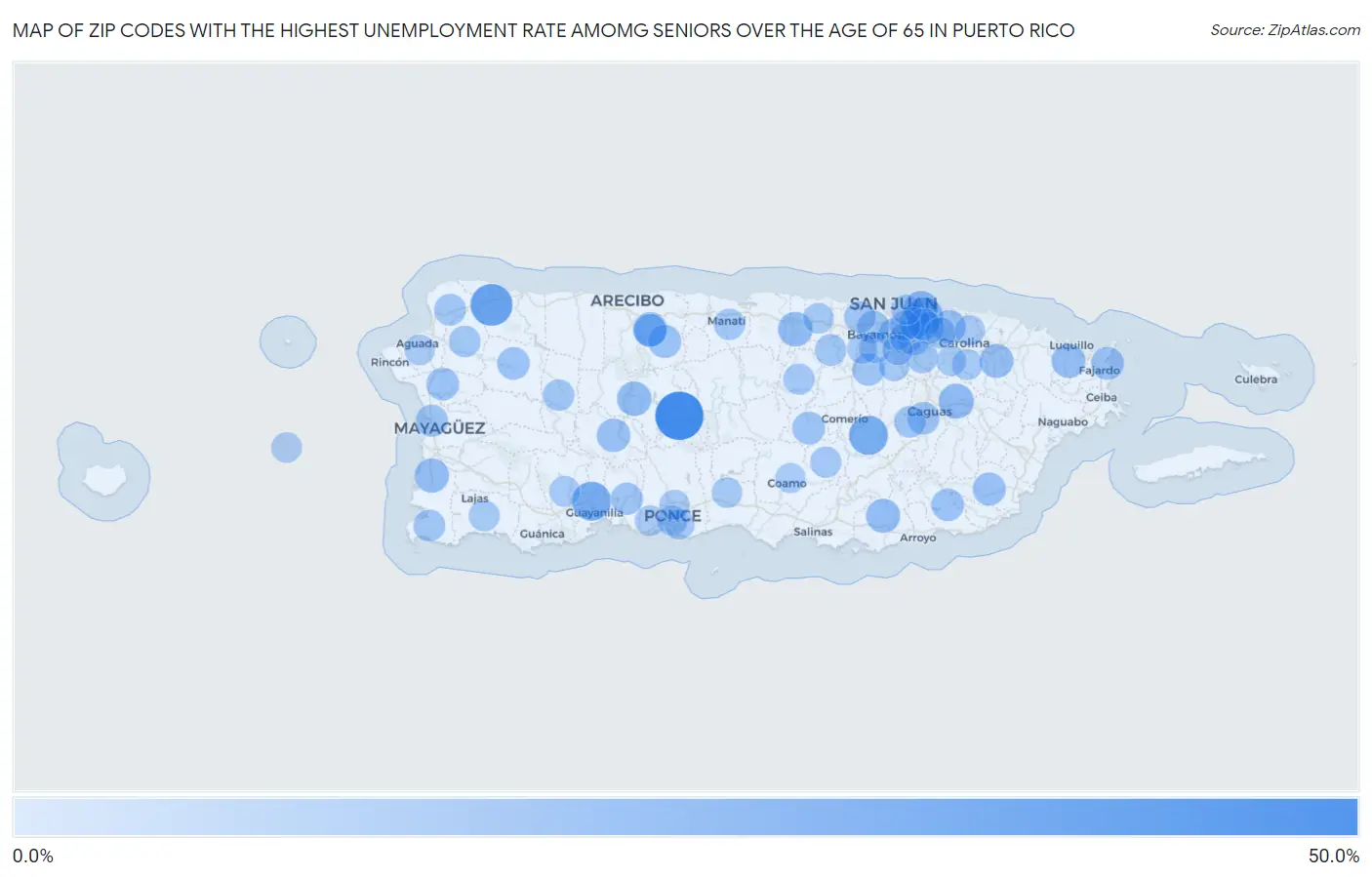 Zip Codes with the Highest Unemployment Rate Amomg Seniors Over the Age of 65 in Puerto Rico Map