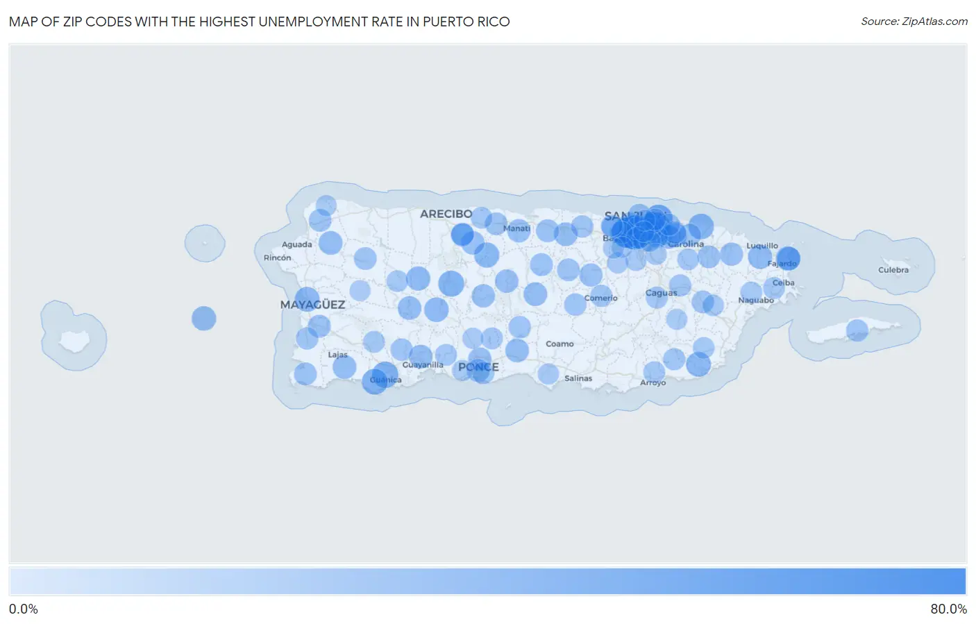 Zip Codes with the Highest Unemployment Rate in Puerto Rico Map