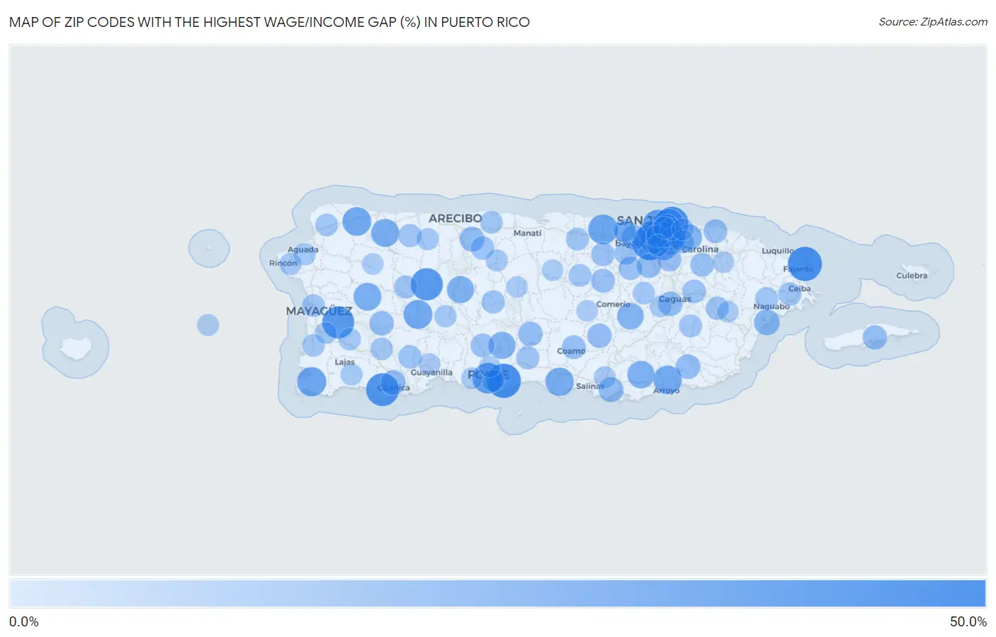 Zip Codes with the Highest Wage/Income Gap (%) in Puerto Rico Map