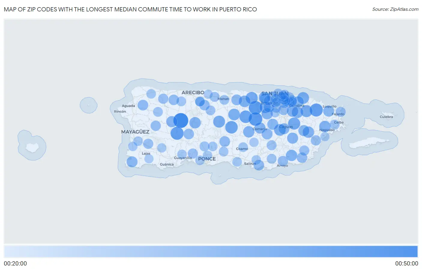 Zip Codes with the Longest Median Commute Time to Work in Puerto Rico Map