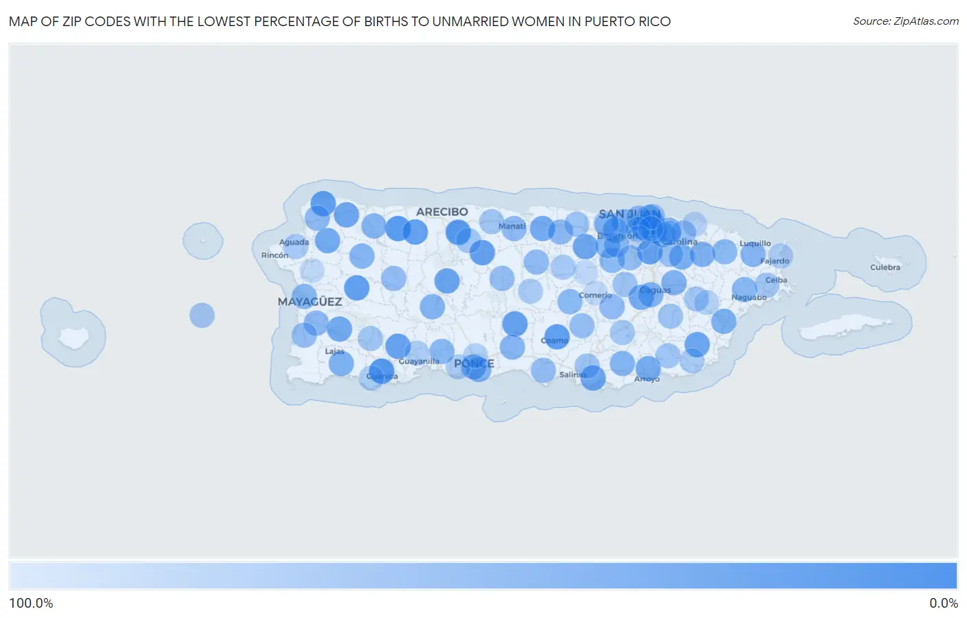 Zip Codes with the Lowest Percentage of Births to Unmarried Women in Puerto Rico Map