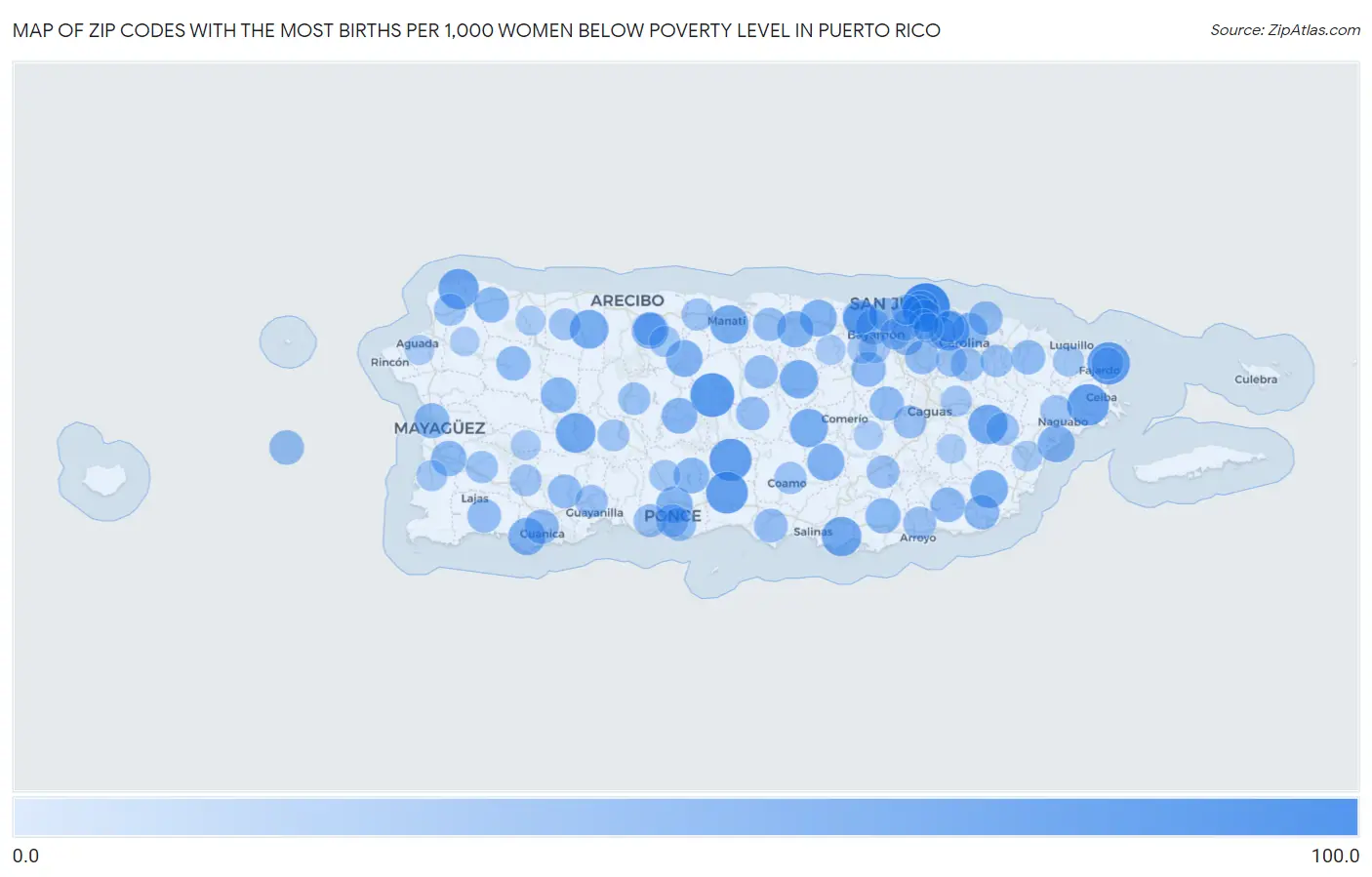 Zip Codes with the Most Births per 1,000 Women Below Poverty Level in Puerto Rico Map