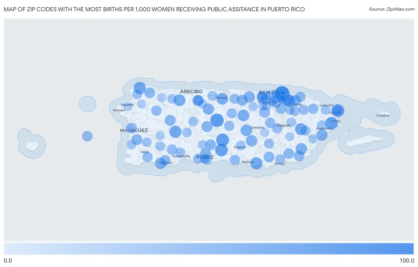 Zip Codes with the Most Births per 1,000 Women Receiving Public Assitance in Puerto Rico Map