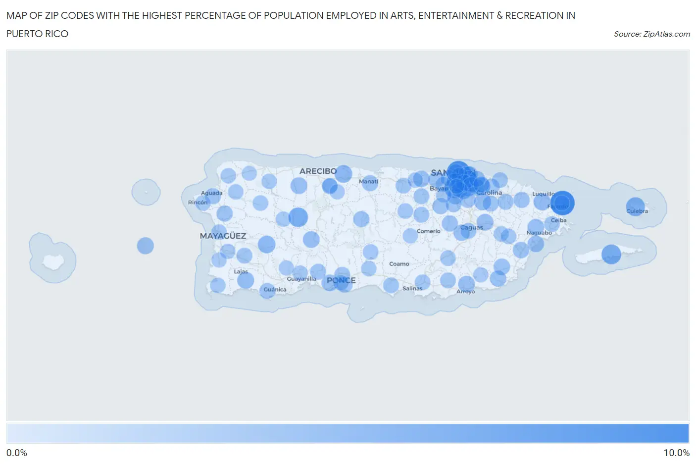 Zip Codes with the Highest Percentage of Population Employed in Arts, Entertainment & Recreation in Puerto Rico Map