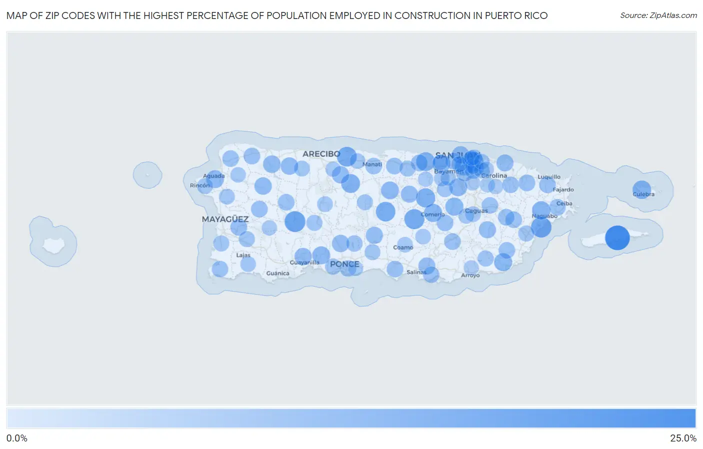 Zip Codes with the Highest Percentage of Population Employed in Construction in Puerto Rico Map