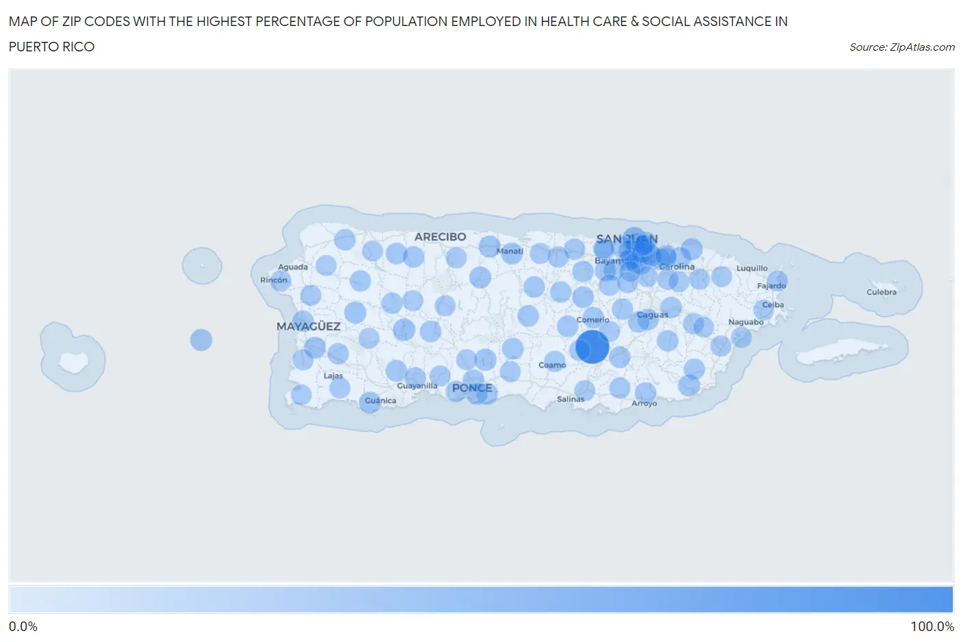Zip Codes with the Highest Percentage of Population Employed in Health Care & Social Assistance in Puerto Rico Map