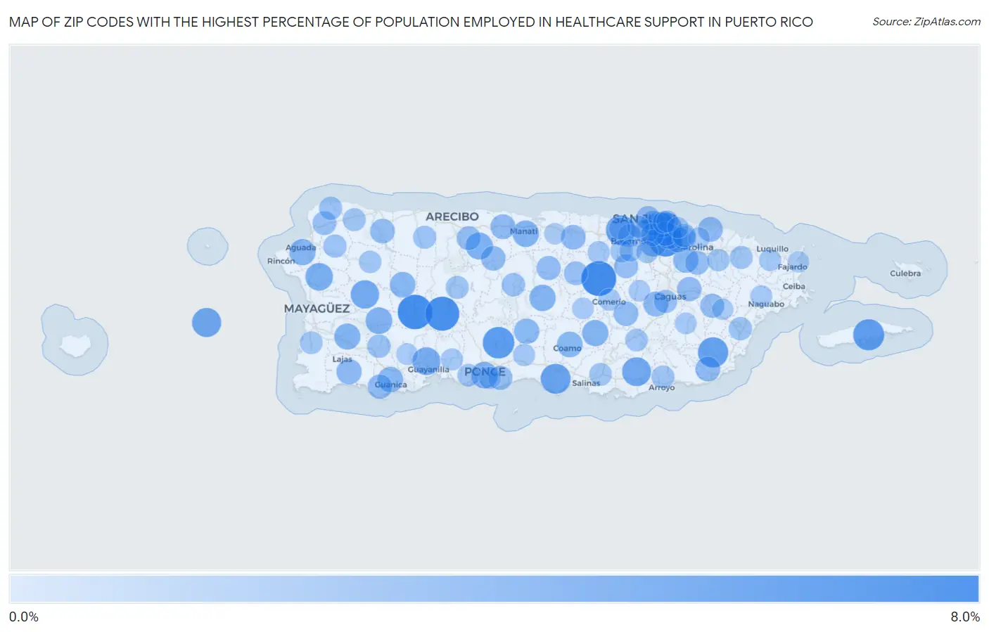 Zip Codes with the Highest Percentage of Population Employed in Healthcare Support in Puerto Rico Map