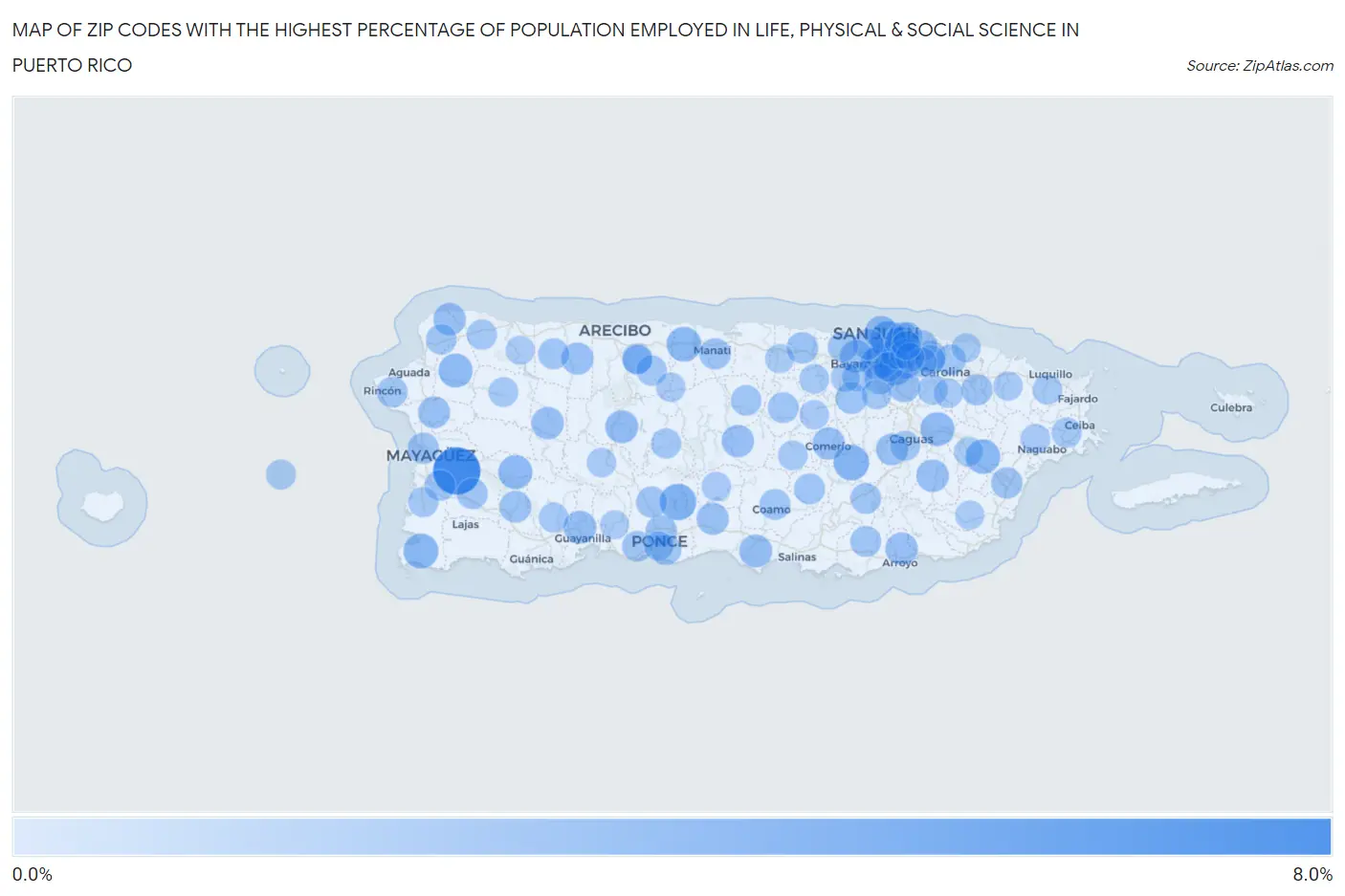Zip Codes with the Highest Percentage of Population Employed in Life, Physical & Social Science in Puerto Rico Map