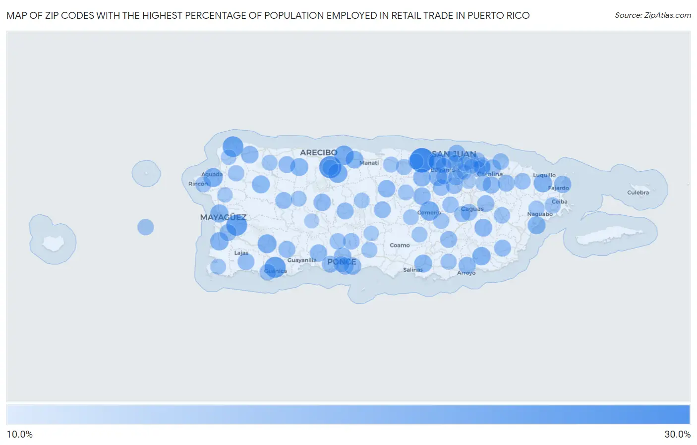 Zip Codes with the Highest Percentage of Population Employed in Retail Trade in Puerto Rico Map