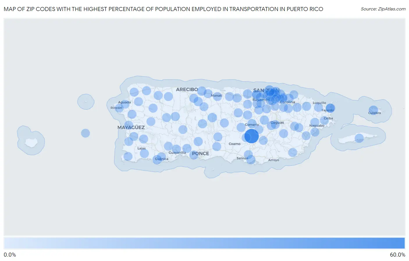 Zip Codes with the Highest Percentage of Population Employed in Transportation in Puerto Rico Map