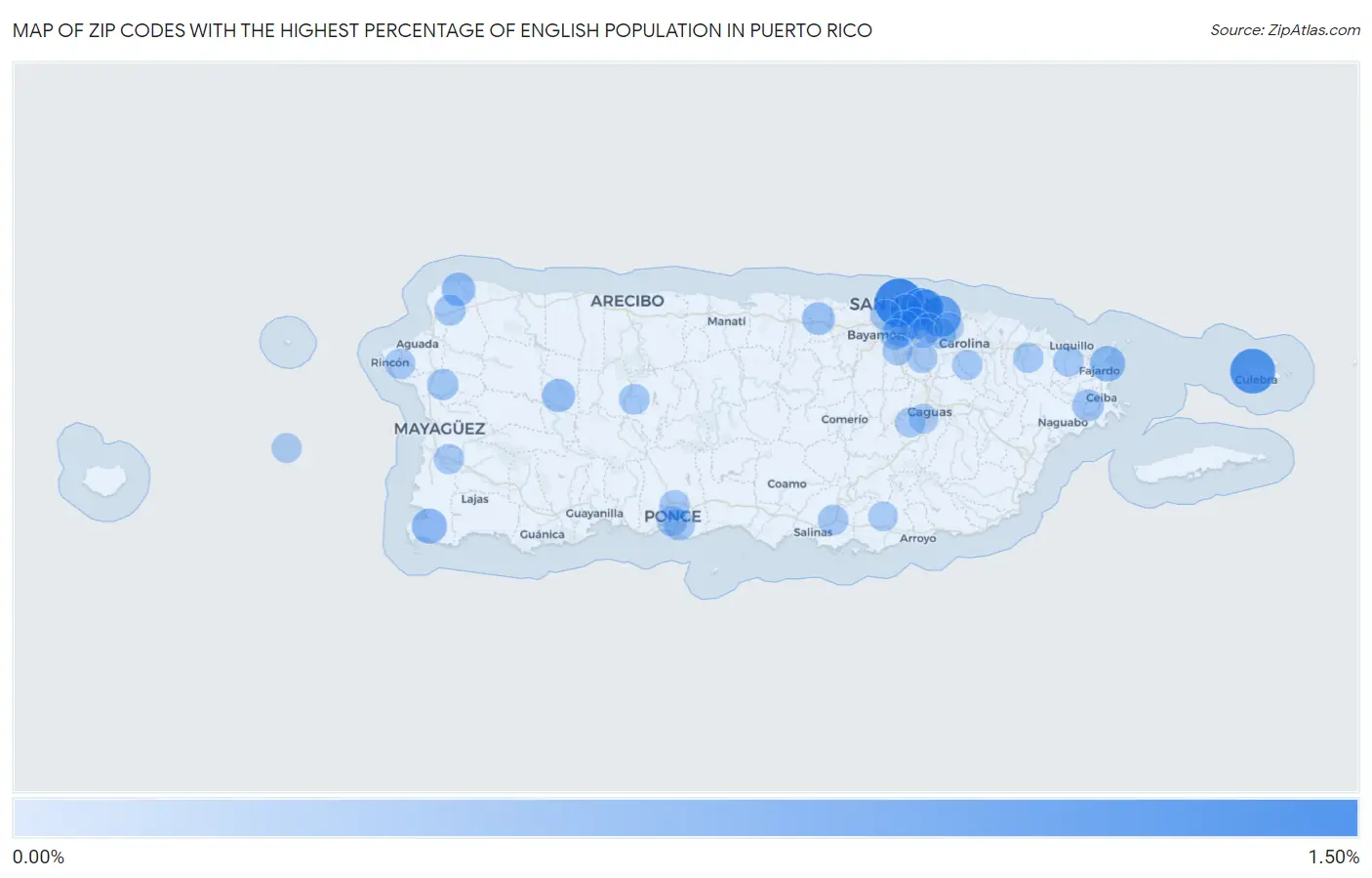 Zip Codes with the Highest Percentage of English Population in Puerto Rico Map