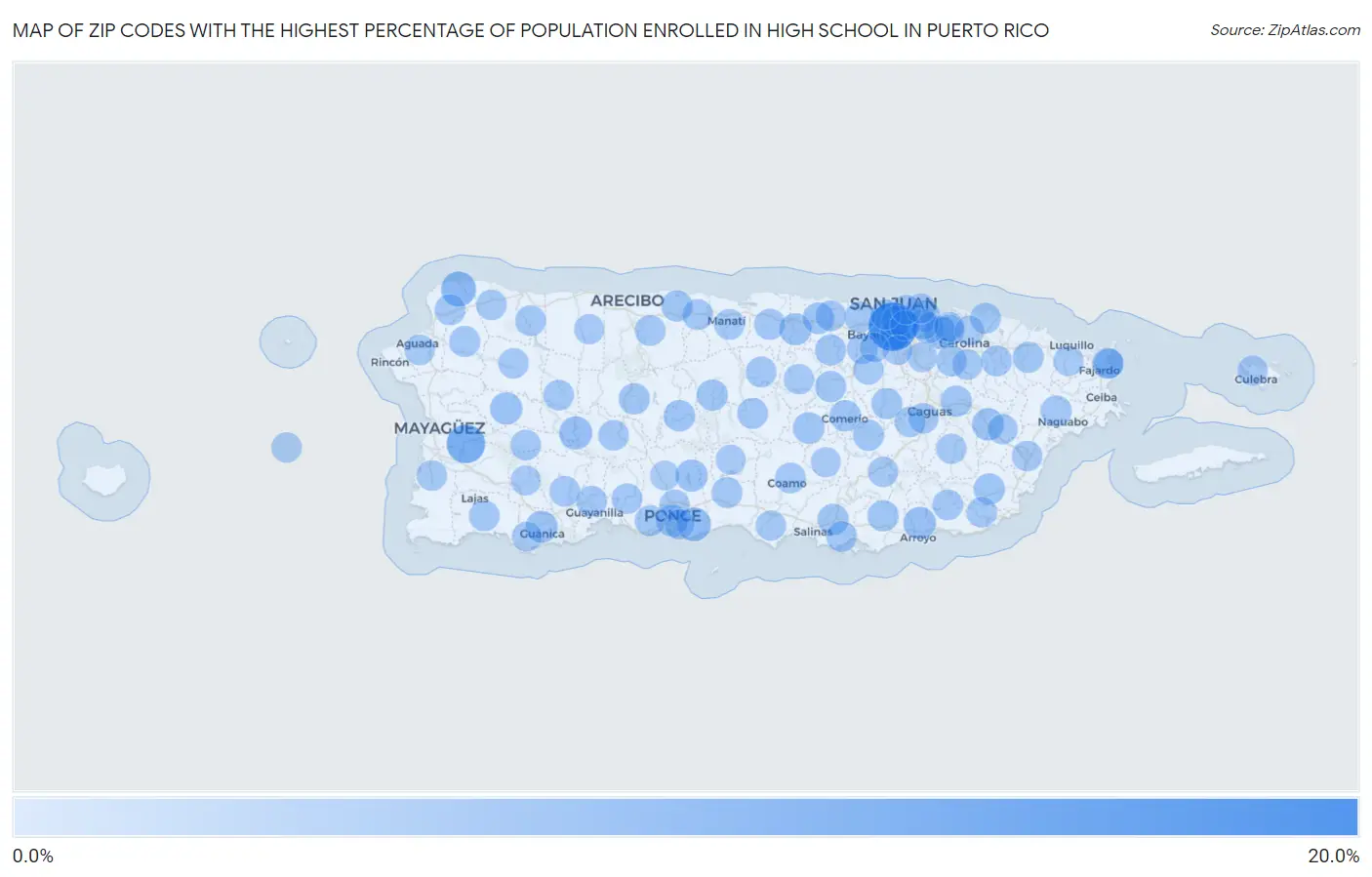 Zip Codes with the Highest Percentage of Population Enrolled in High School in Puerto Rico Map