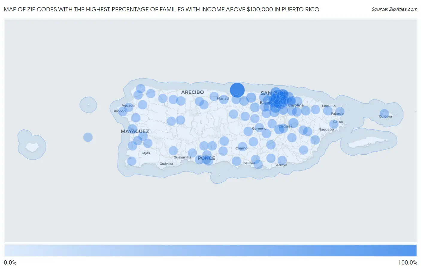 Zip Codes with the Highest Percentage of Families with Income Above $100,000 in Puerto Rico Map