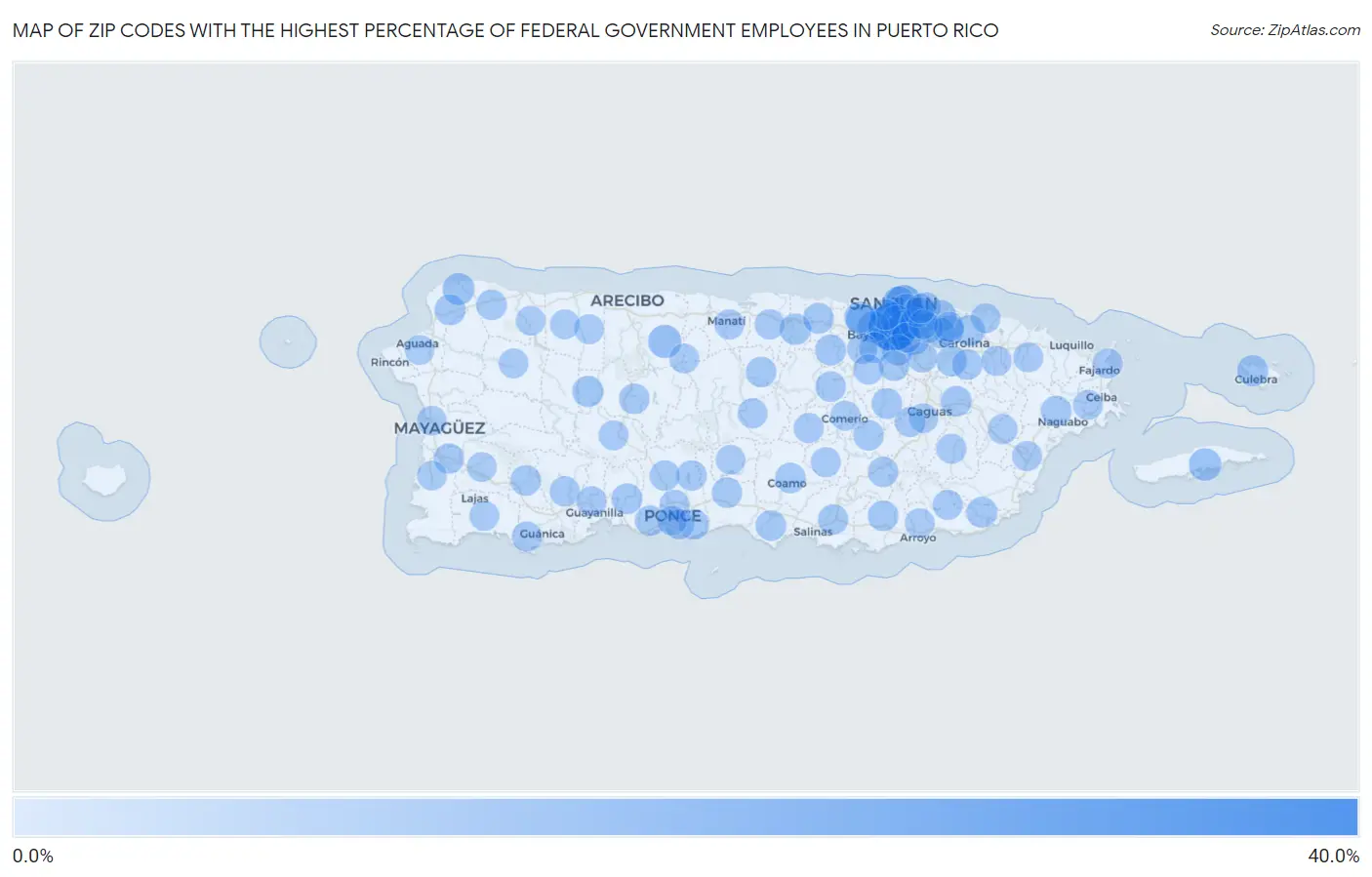 Zip Codes with the Highest Percentage of Federal Government Employees in Puerto Rico Map