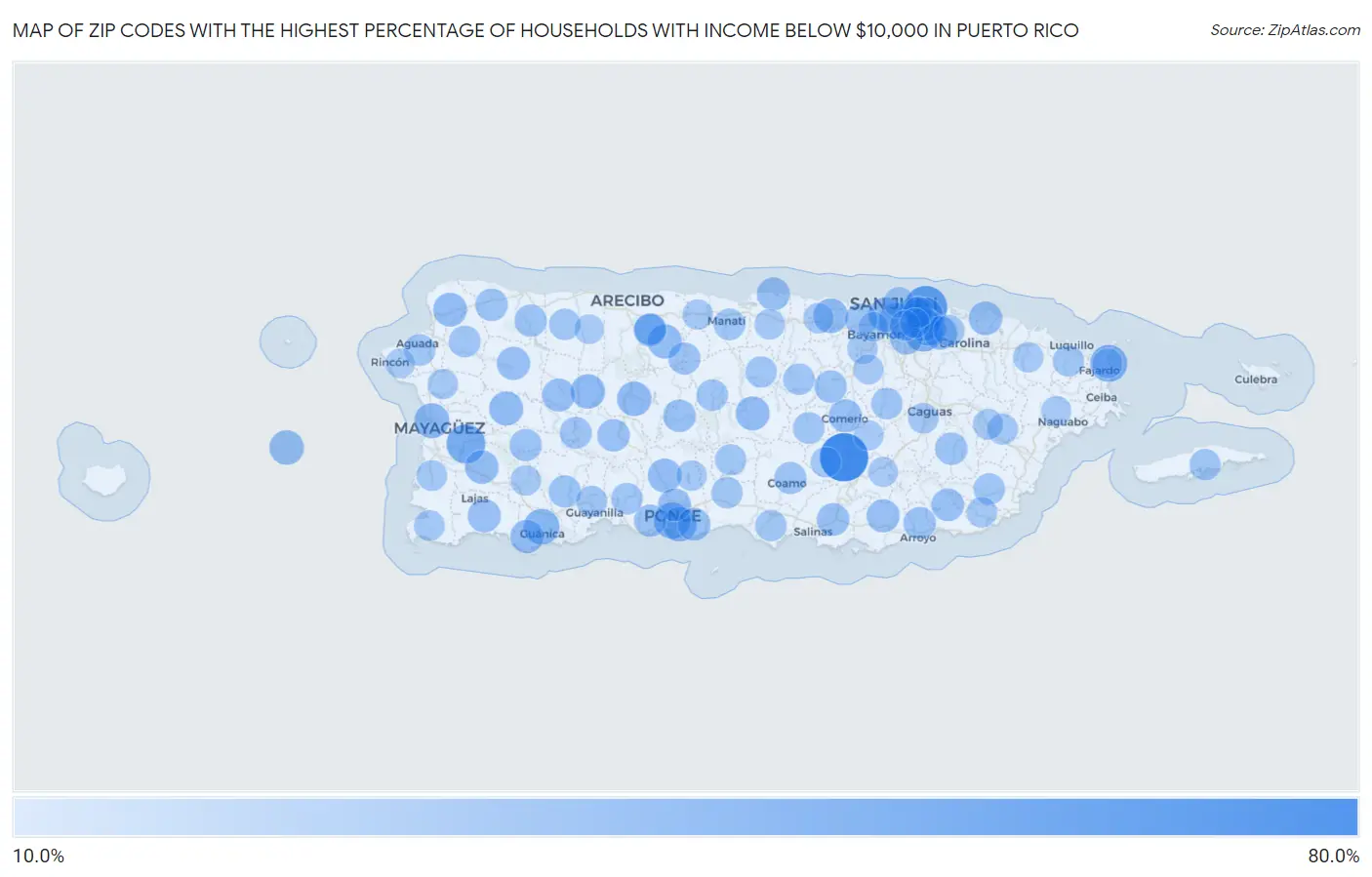 Zip Codes with the Highest Percentage of Households with Income Below $10,000 in Puerto Rico Map