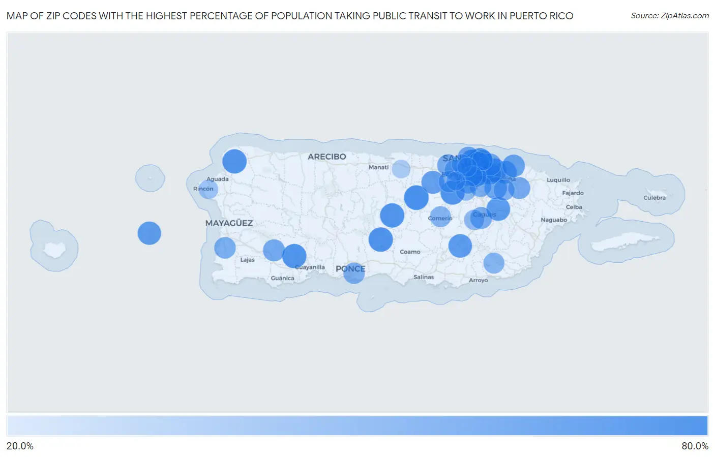 Zip Codes with the Highest Percentage of Population Taking Public Transit to Work in Puerto Rico Map