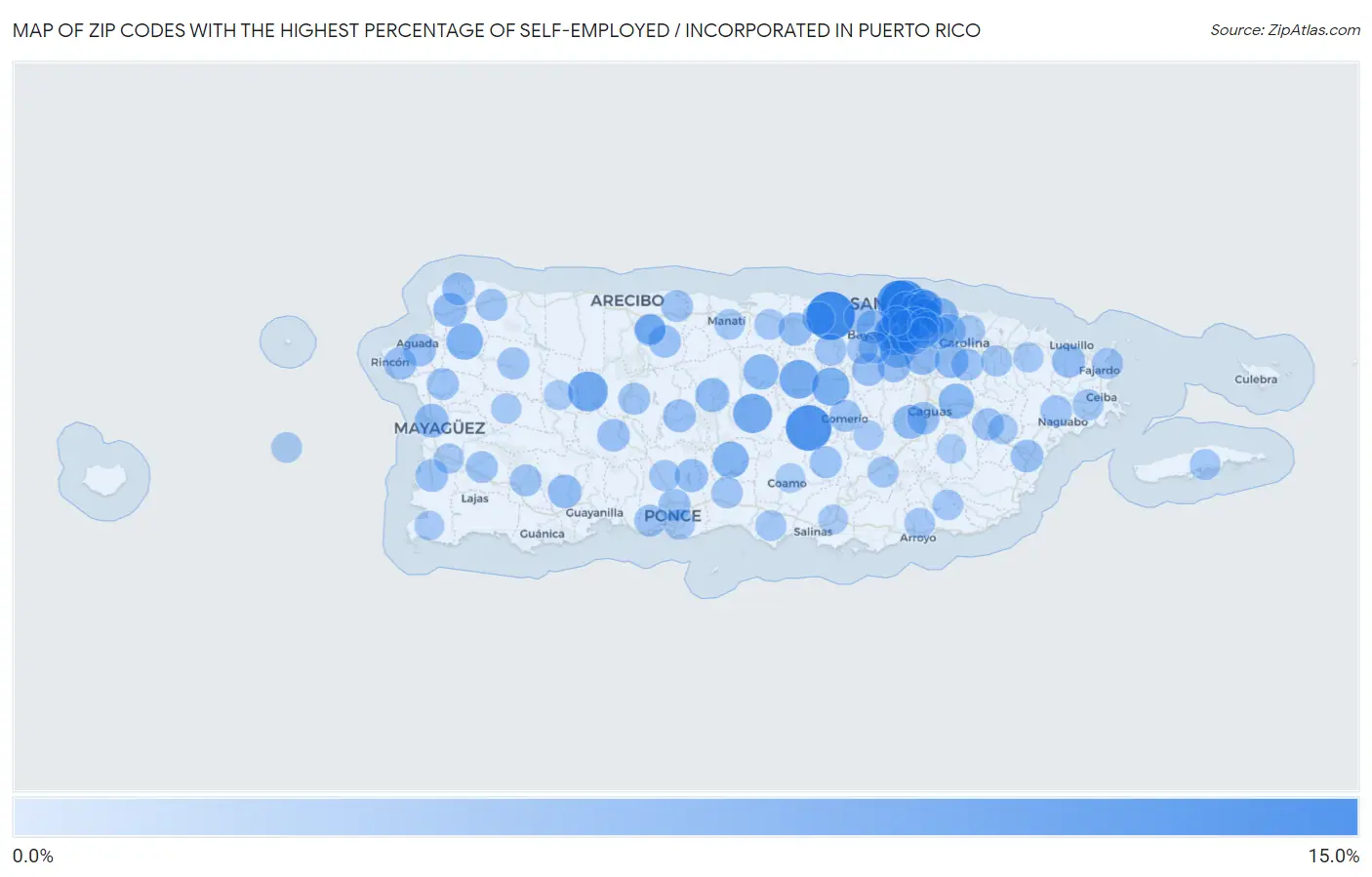 Zip Codes with the Highest Percentage of Self-Employed / Incorporated in Puerto Rico Map