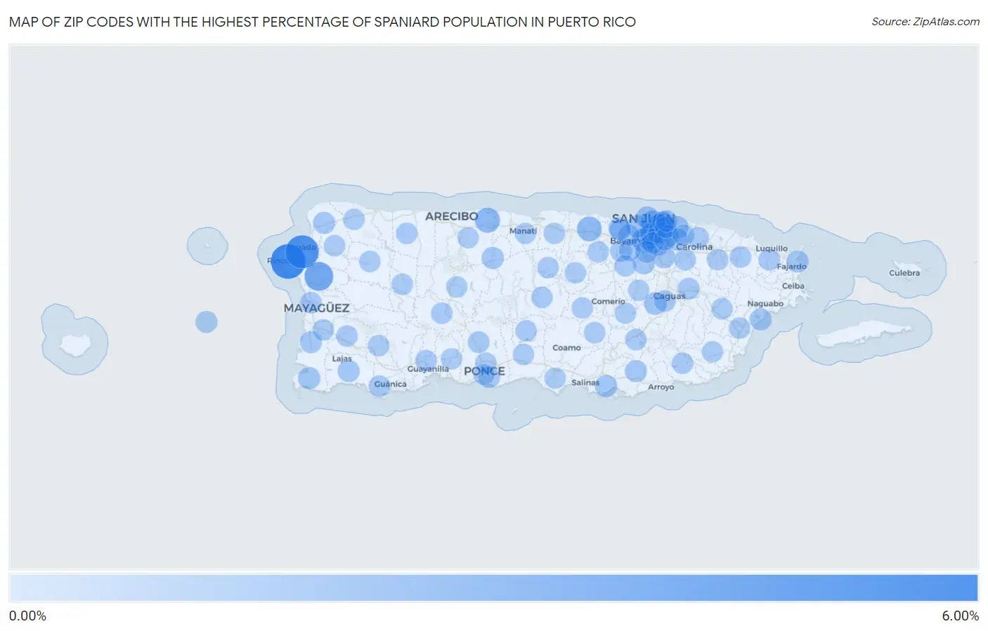 Zip Codes with the Highest Percentage of Spaniard Population in Puerto Rico Map