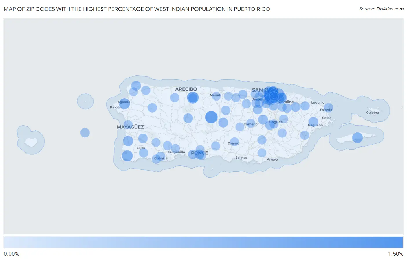 Zip Codes with the Highest Percentage of West Indian Population in Puerto Rico Map