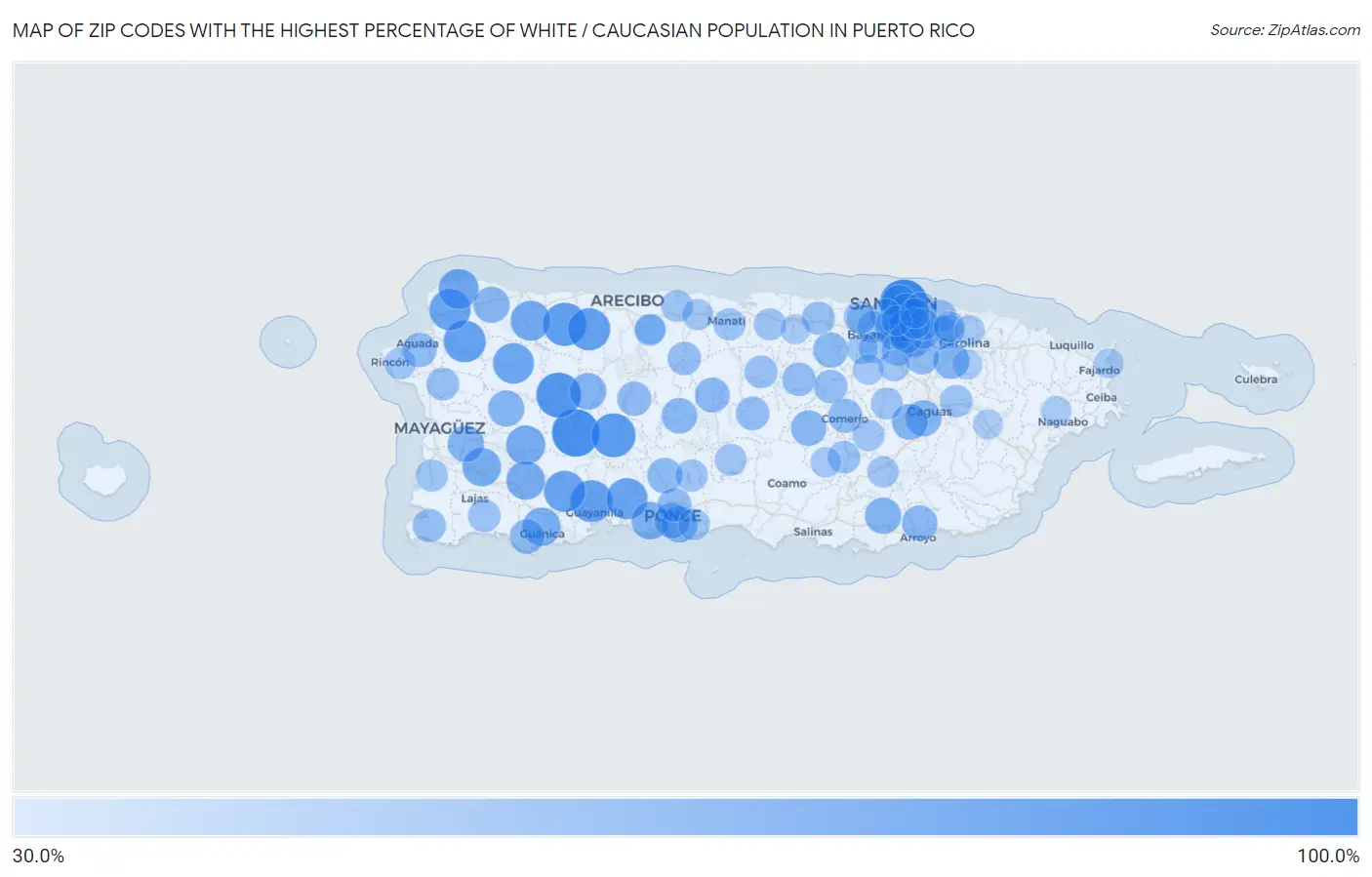 Zip Codes with the Highest Percentage of White / Caucasian Population in Puerto Rico Map