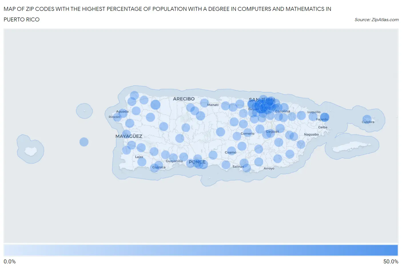 Zip Codes with the Highest Percentage of Population with a Degree in Computers and Mathematics in Puerto Rico Map