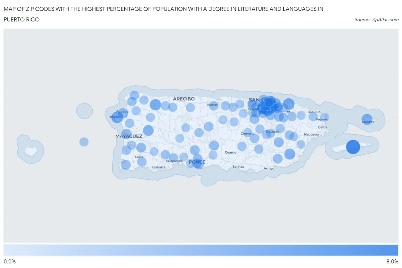 Zip Codes with the Highest Percentage of Population with a Degree in Literature and Languages in Puerto Rico Map