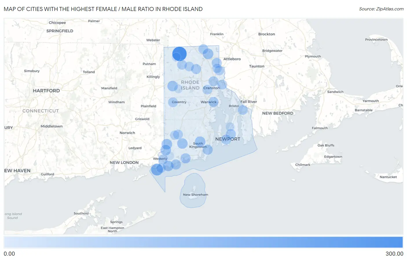 Cities with the Highest Female / Male Ratio in Rhode Island Map