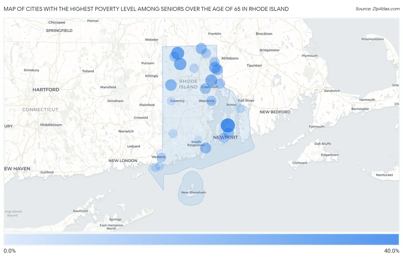 Cities with the Highest Poverty Level Among Seniors Over the Age of 65 in Rhode Island Map