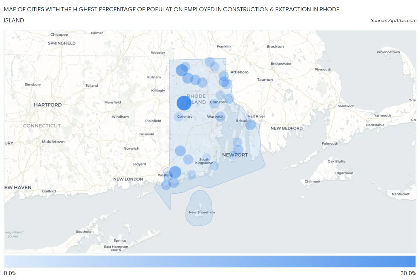 Cities with the Highest Percentage of Population Employed in Construction & Extraction in Rhode Island Map