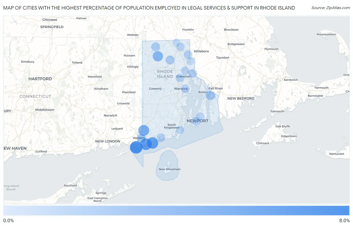 Cities with the Highest Percentage of Population Employed in Legal Services & Support in Rhode Island Map