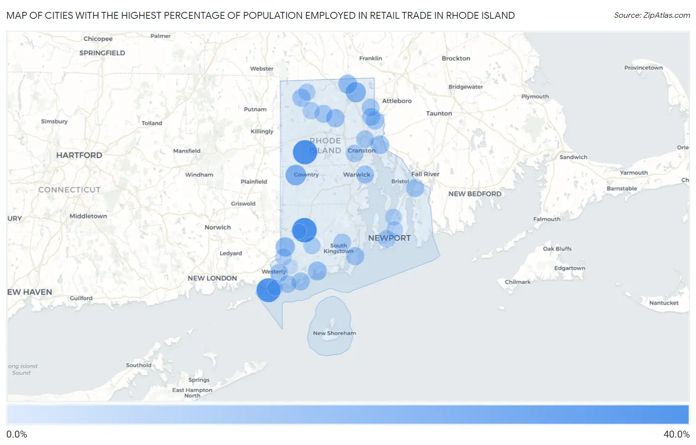 Cities with the Highest Percentage of Population Employed in Retail Trade in Rhode Island Map