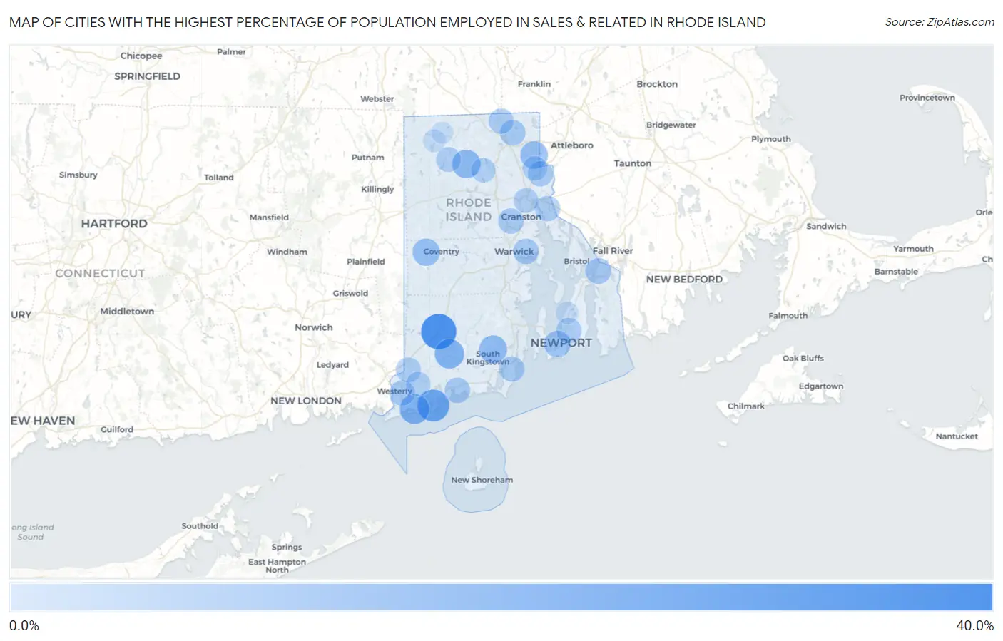 Cities with the Highest Percentage of Population Employed in Sales & Related in Rhode Island Map