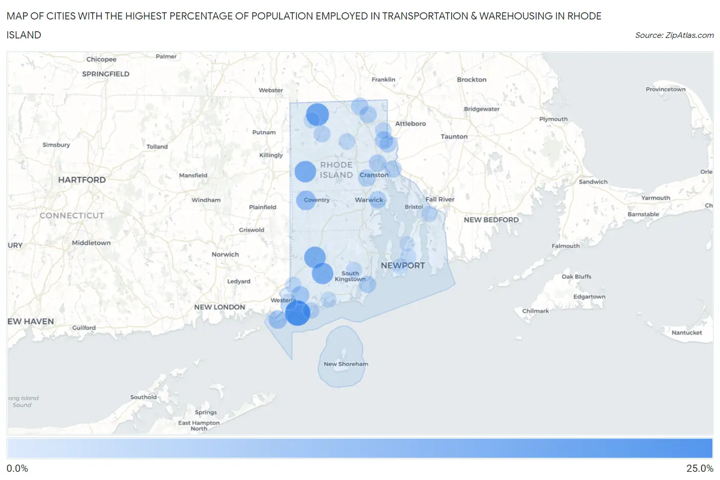 Cities with the Highest Percentage of Population Employed in Transportation & Warehousing in Rhode Island Map