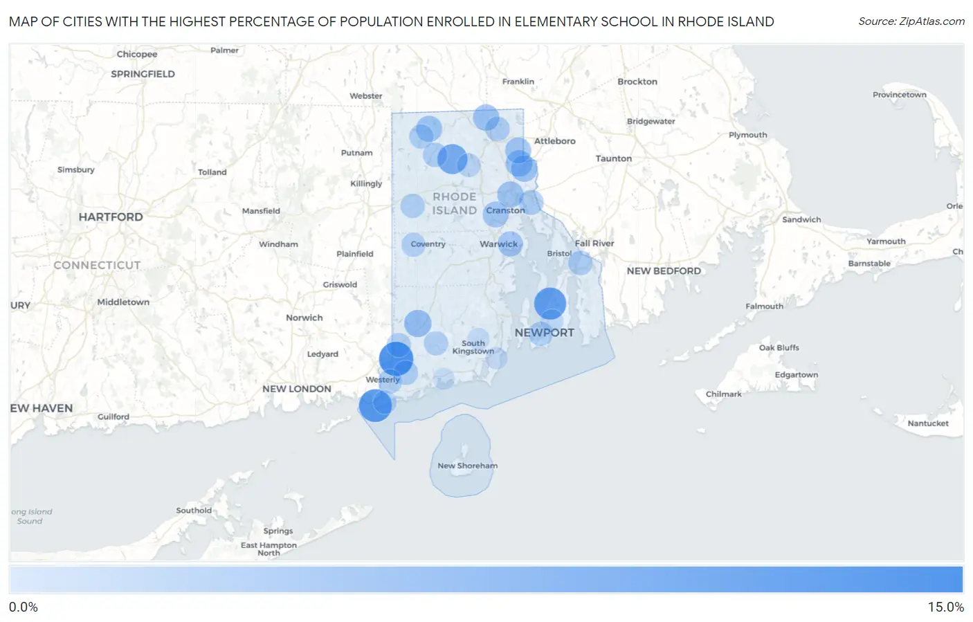 Cities with the Highest Percentage of Population Enrolled in Elementary School in Rhode Island Map