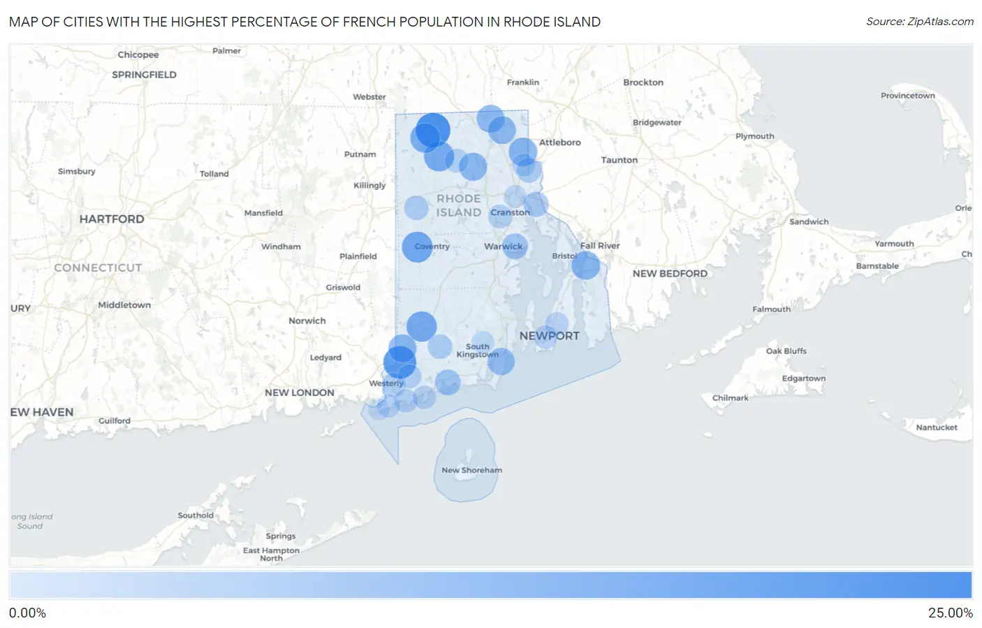 Cities with the Highest Percentage of French Population in Rhode Island Map