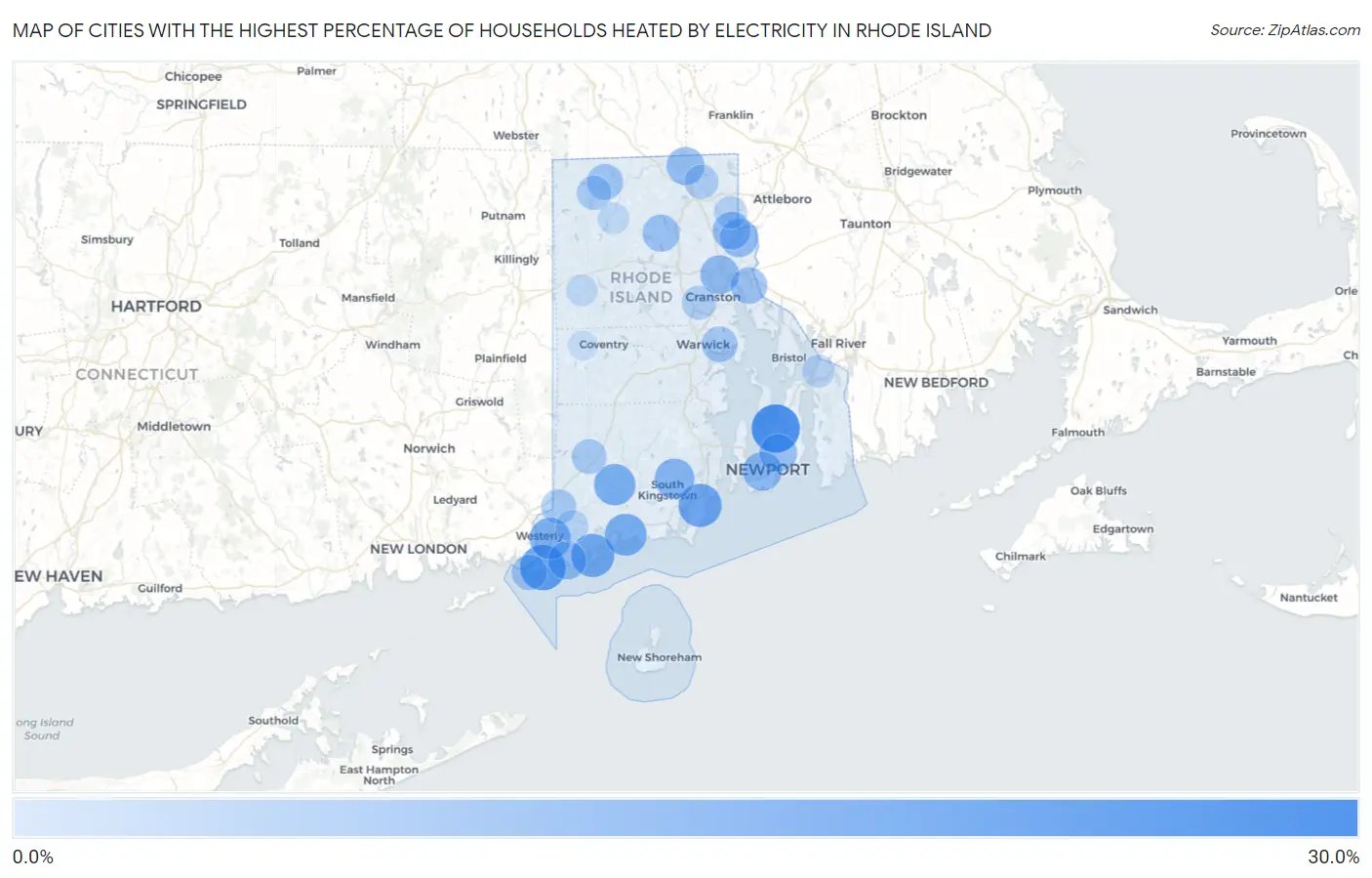 Cities with the Highest Percentage of Households Heated by Electricity in Rhode Island Map