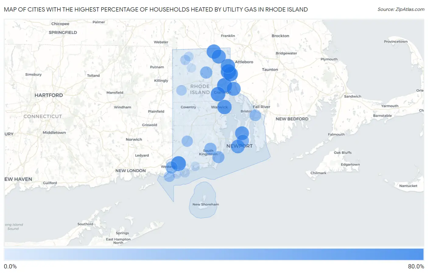 Cities with the Highest Percentage of Households Heated by Utility Gas in Rhode Island Map