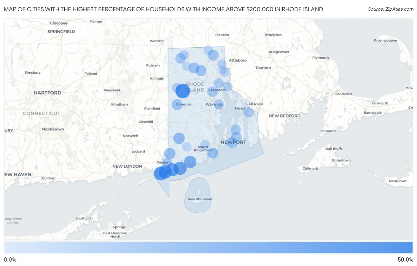 Cities with the Highest Percentage of Households with Income Above $200,000 in Rhode Island Map